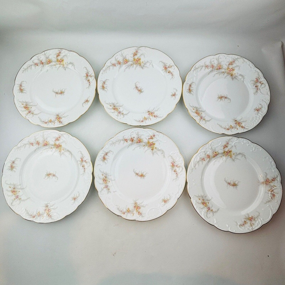 Limoges Elite 6 Dinner Plate Lot Pink Yellow Floral Spray‎ Gold Rim J.Mc.D&S